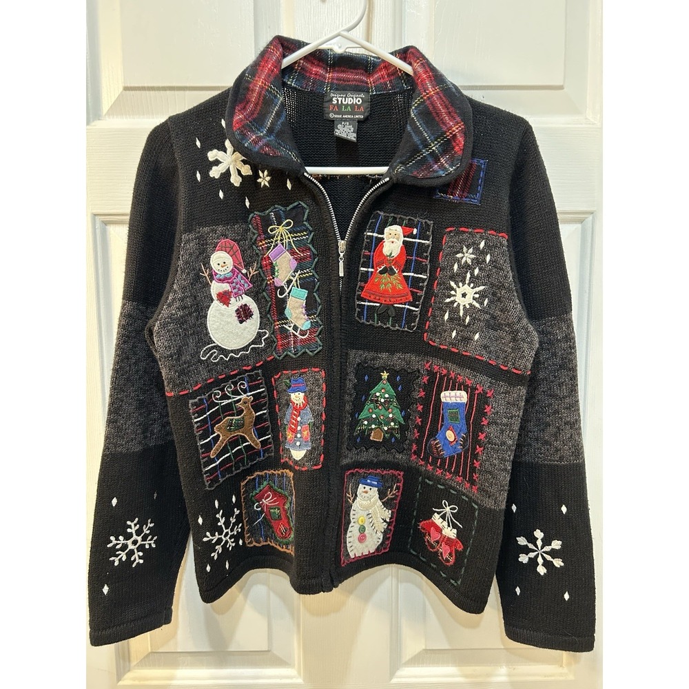 Vtg Designer Originals Studio Christmas Applique Cardigan Sweater 90's Sz S Zip